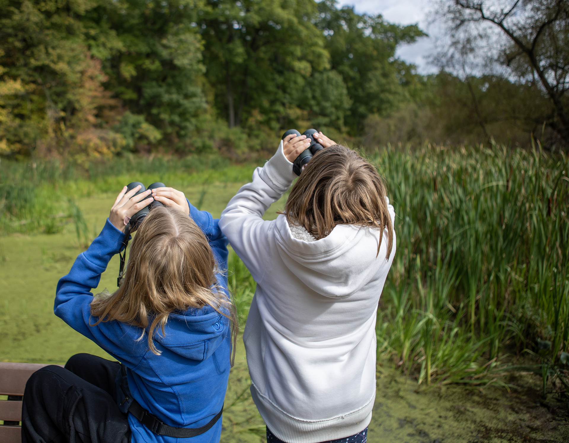 Two children with binoculars looking into a wetland