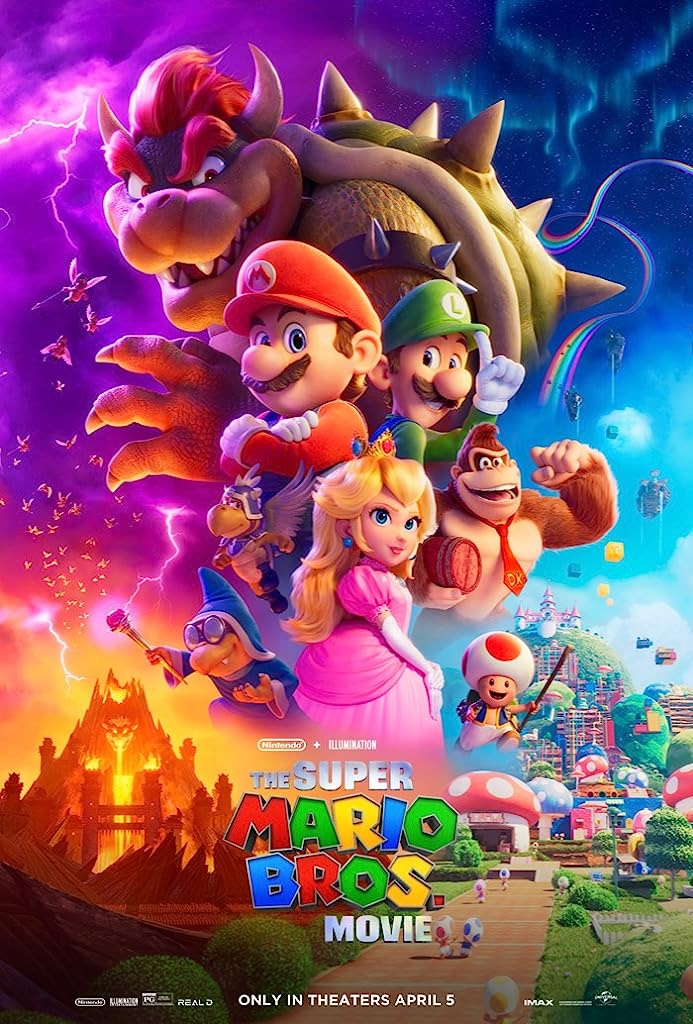 Movie poster featuring character from the Super Mario Bros movie including Mario, Luigi, Bowser, Peach, Donkey Kong, Toad and more, with a backdrop of various locations from the movie